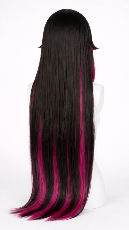 Long black and pink wig on a mannequin head against a white background