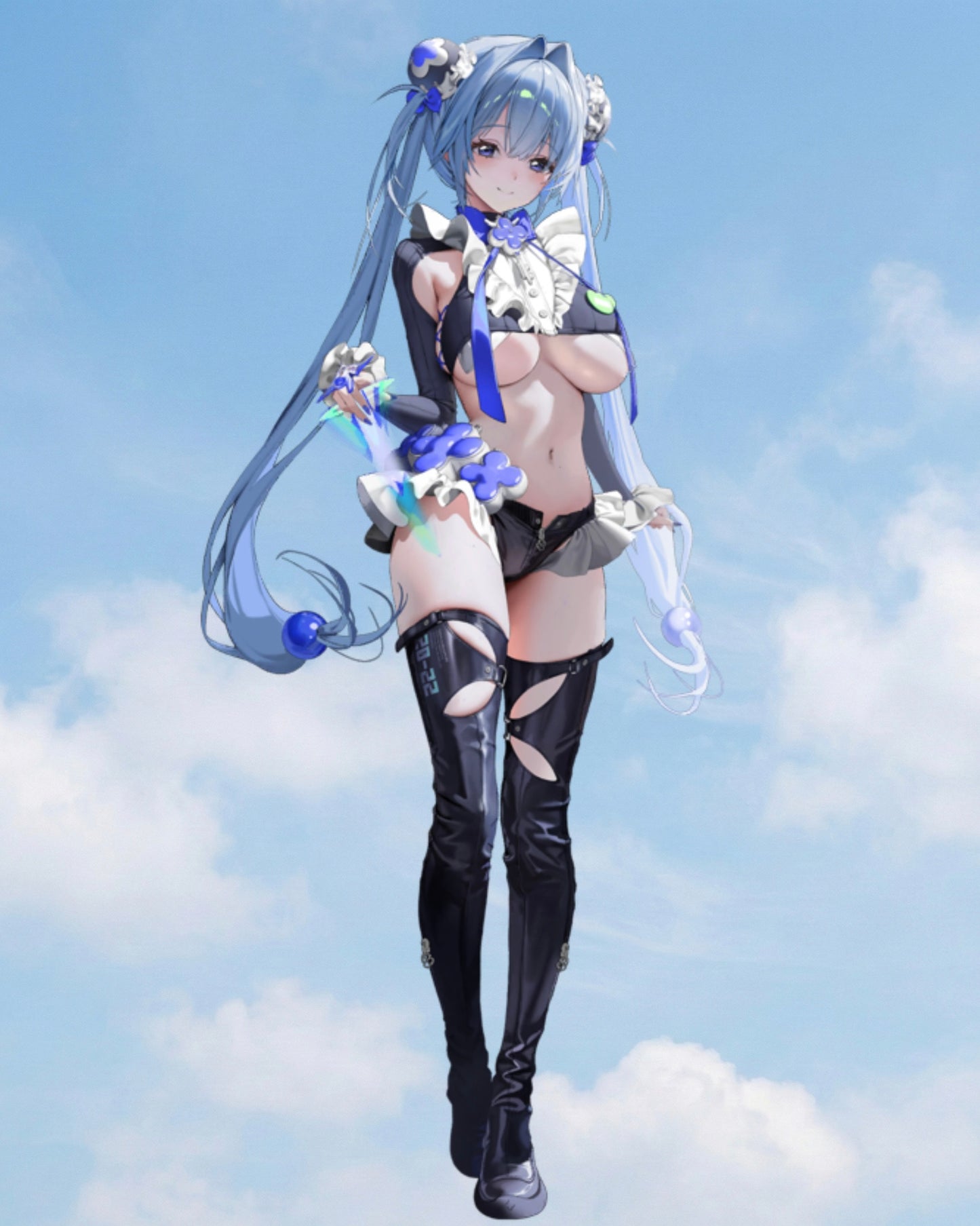 Character in a futuristic outfit with blue hair against a cloudy sky