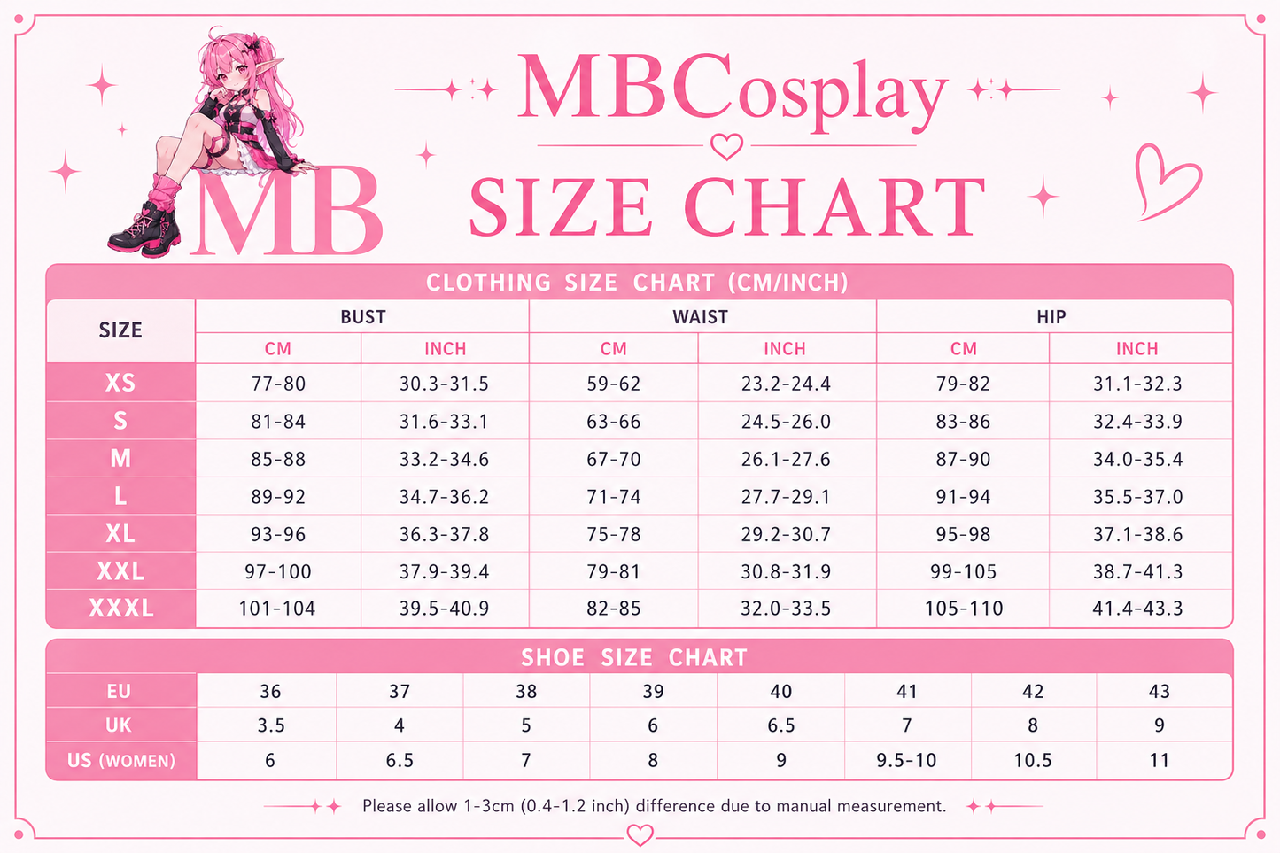 A pink and white MBCosplay size chart graphic featuring a clothing size table with bust, waist, and hip measurements in centimeters and inches, plus a shoe size chart. The design includes the text 'MBCosplay MB CLOTHING SIZE CHART' and a small illustrated character in the top left corner.