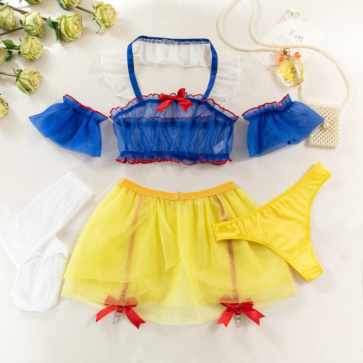 Snow White Fantasy Cosplay Lingerie – Sheer Blue Top & Yellow Skirt