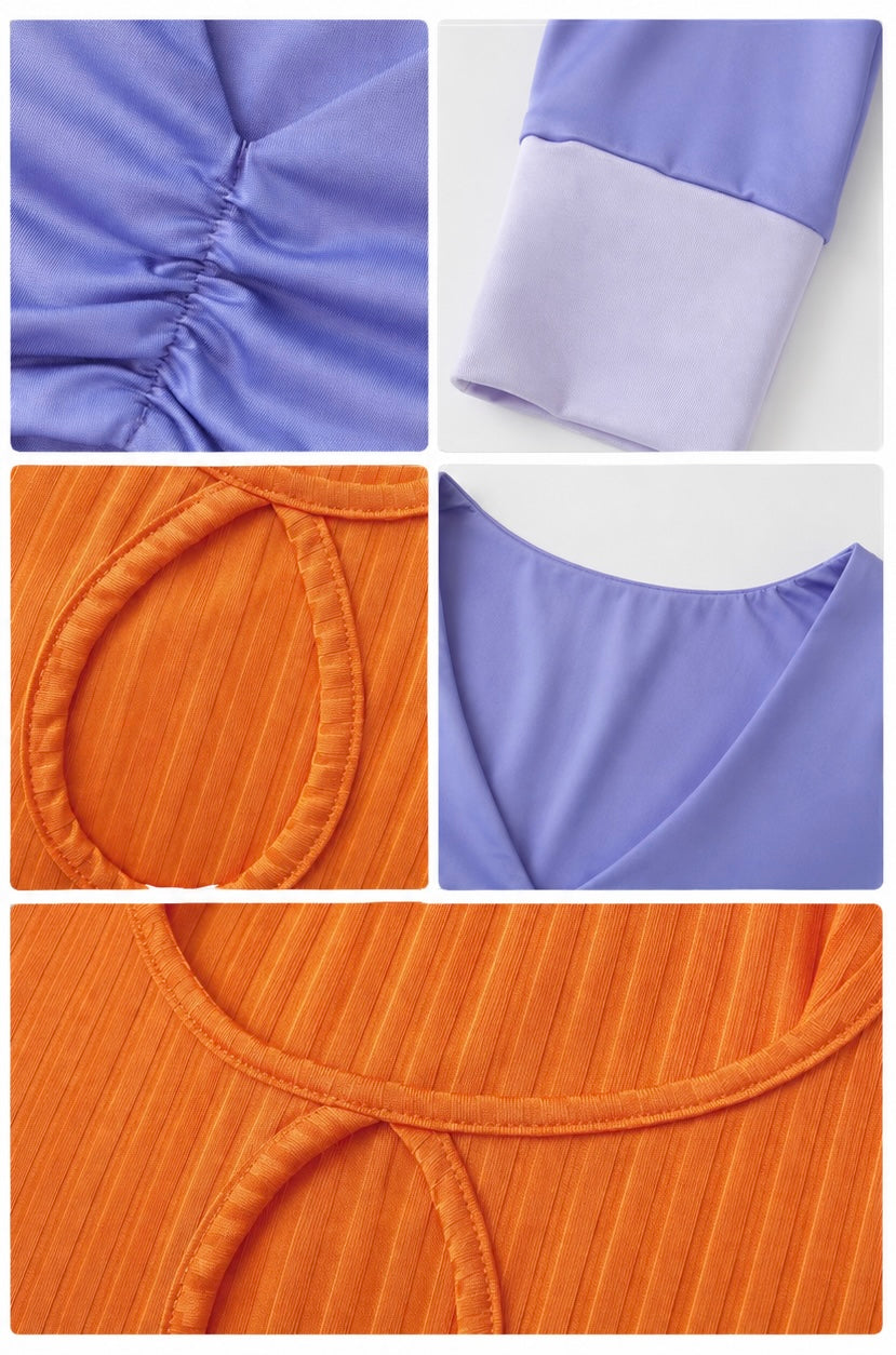A five-panel close-up collage showing details of a two-tone garment, featuring lavender purple and bright orange fabric with ruching, a cuff detail, a curved neckline, and a ribbed underbust band.