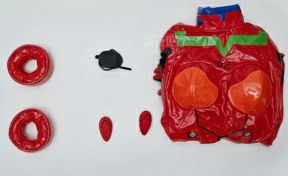 Full product showcase of a red latex Evangelion cosplay suit including accessories like wrist cuffs, hair clips, and eye patch