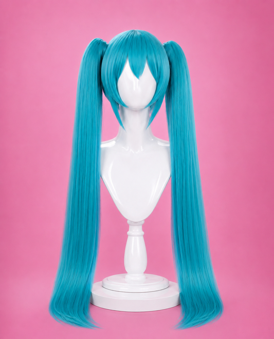 Long turquoise twin tail Brazilian Miku cosplay wig with straight heat-resistant synthetic fibres inspired by Hatsune Miku.