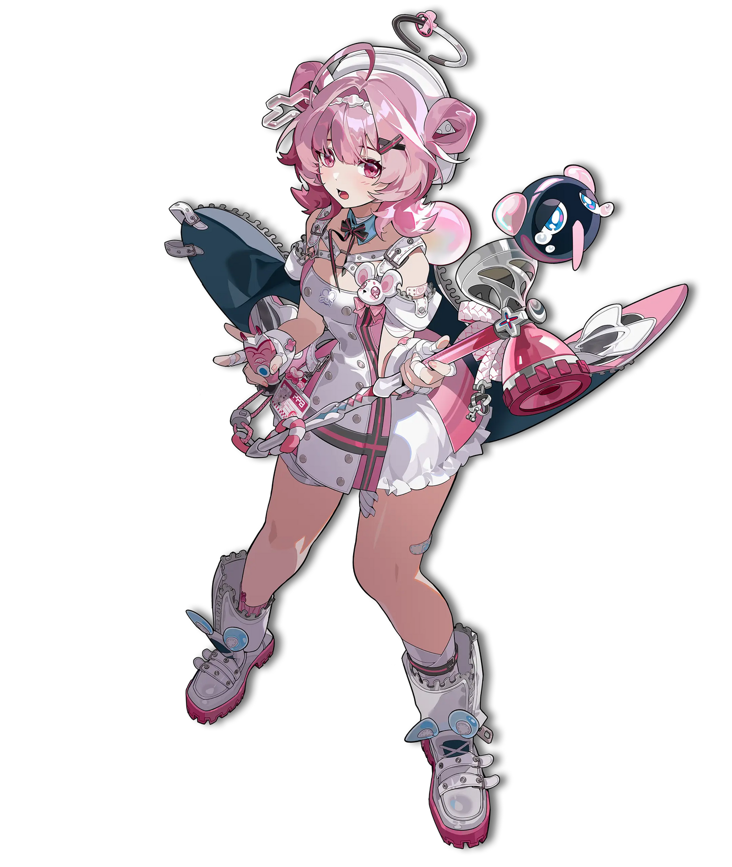 Anime character with pink hair and fox-like features holding a weapon on a white background
