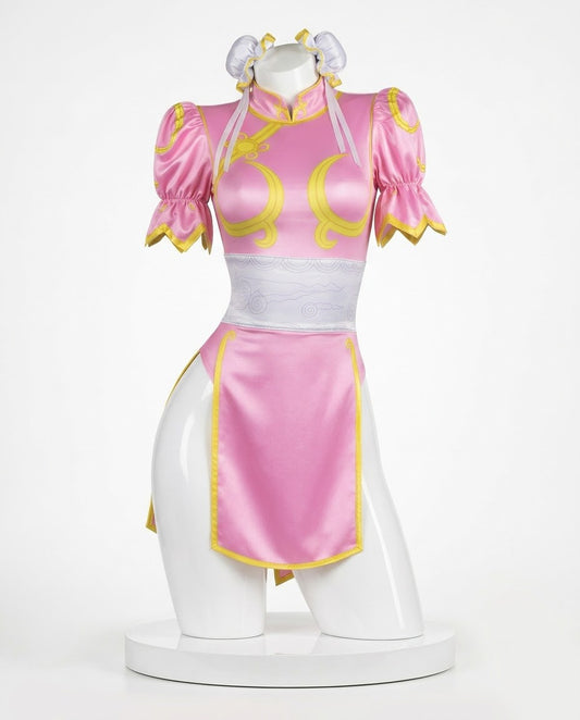 Pink qipao bodysuit front view for Chun-Li Pink Cosplay Bodysuit – Street Fighter