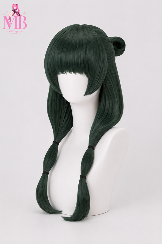 Maomao cosplay wig from The Apothecary Diaries featuring dark green styling with elegant buns, straight fringe and long face-framing strands displayed on the MBCosplay signature white mannequin bust in premium studio lighting.