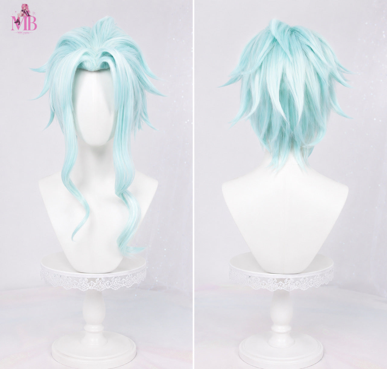 Front view of the Genshin Impact Dottore (The Doctor) cosplay wig featuring layered icy blue hair with voluminous swept-back styling, long curled face-framing strands and anime-accurate spikes, professionally displayed on the MBCosplay premium white mannequin in a luxury studio setting.