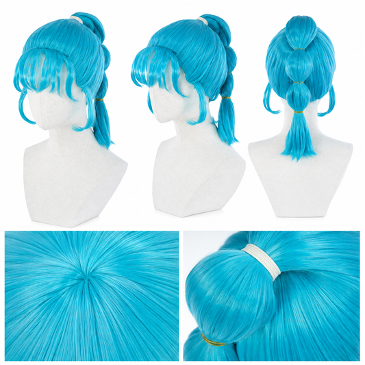 Bright blue ponytail wig multi angle details for Dragon Ball Bulma Cosplay Wig – Bright Blue Ponytail Style