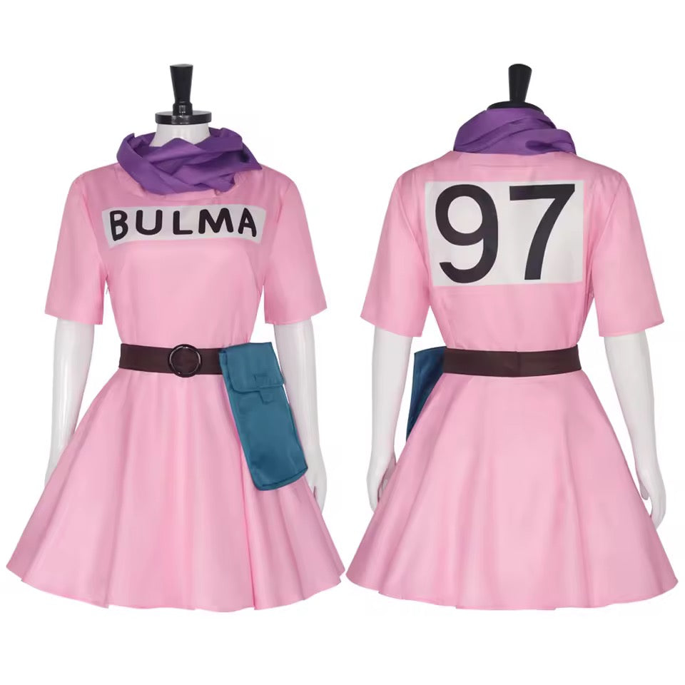 Dragon Ball Bulma Pink Dress cosplay costume with pink dress, purple scarf, belt and blue utility pouch.