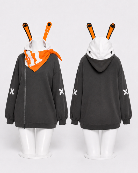 Gray hoodie with bunny ears and scarf on a white background