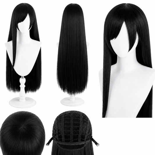 Long black wig front back and cap details for FF7 Tifa Lockhart Cosplay Wig – Long Black Straight Hair