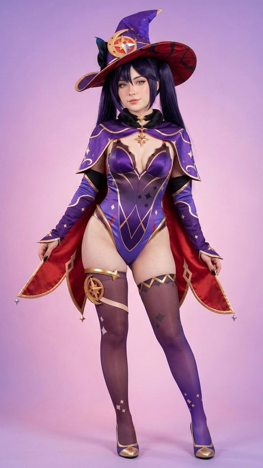 Model wearing the Genshin Impact Mona Astrologist Megistus cosplay costume displaying the complete anime-inspired outfit with matching accessories and stockings.