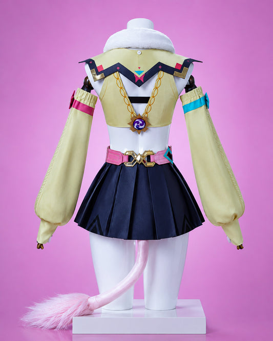 Back view of the Genshin Impact Yaoyao cosplay costume displayed on the MBCosplay signature glossy white mannequin, showcasing rear details, belt, tail and premium studio lighting.