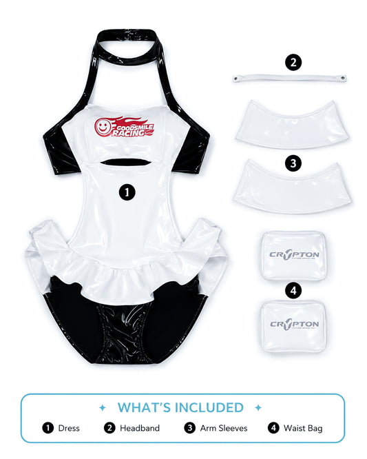 Hatsune Miku Good Smile Racing cosplay costume flat lay showing everything included: dress, headband, arm sleeves and waist bags.