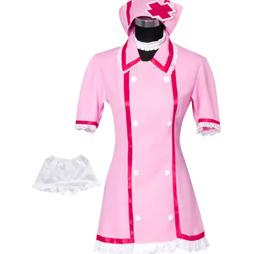 Hatsune Miku nurse cosplay costume set with pink dress, matching nurse hat and white bloomers with lace and dark pink trim.