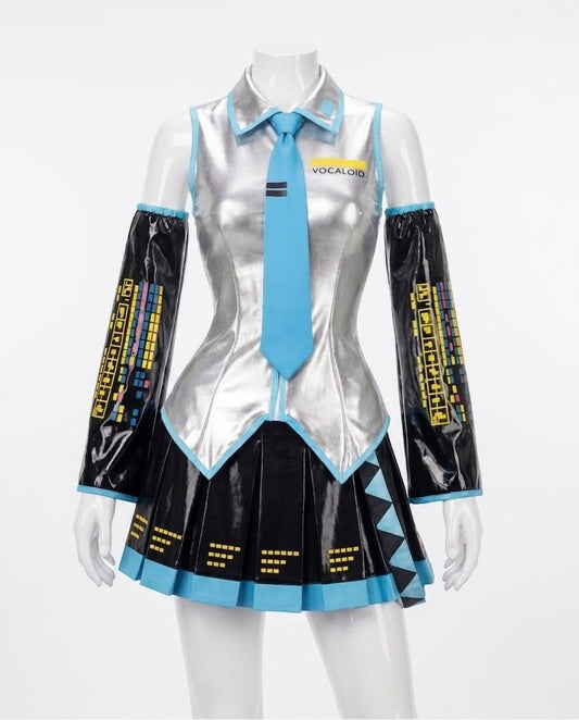 Hatsune Miku Vocaloid Cosplay Costume – Full Set + Optional Wig Vocaloid outfit front view without character inset