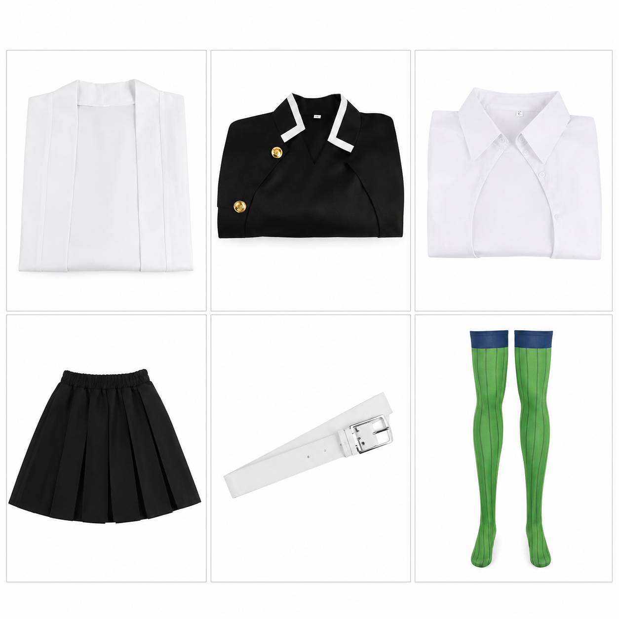 Close-up details of Kanroji Mitsuri Demon Slayer cosplay costume including embroidered haori, Demon Slayer Corps uniform, white bow, Love Hashira accessories, premium stitching and anime-accurate craftsmanship.