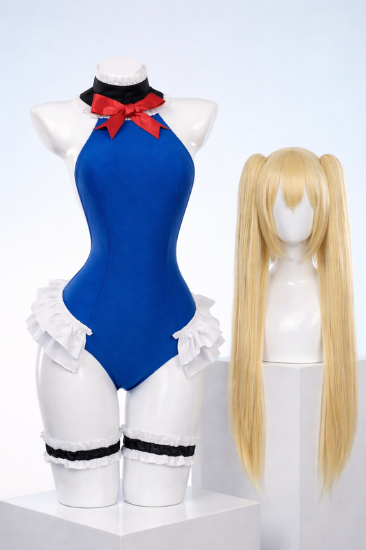 Blue bodysuit with white ruffles and black accents on a mannequin, accompanied by a long blonde wig.