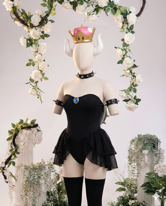 Front view of the Bowsette-inspired "Royal Rebel" set by MBCosplay featuring a black bodysuit, Super Crown, and spiked accessories.
