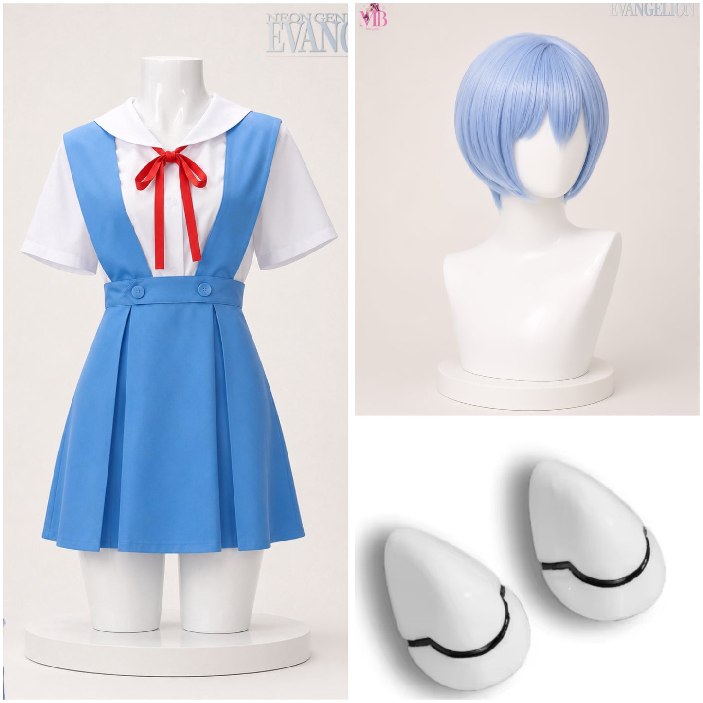 Complete Rei Ayanami cosplay set including school uniform costume, short blue wig and white hair clips inspired by Neon Genesis Evangelion.