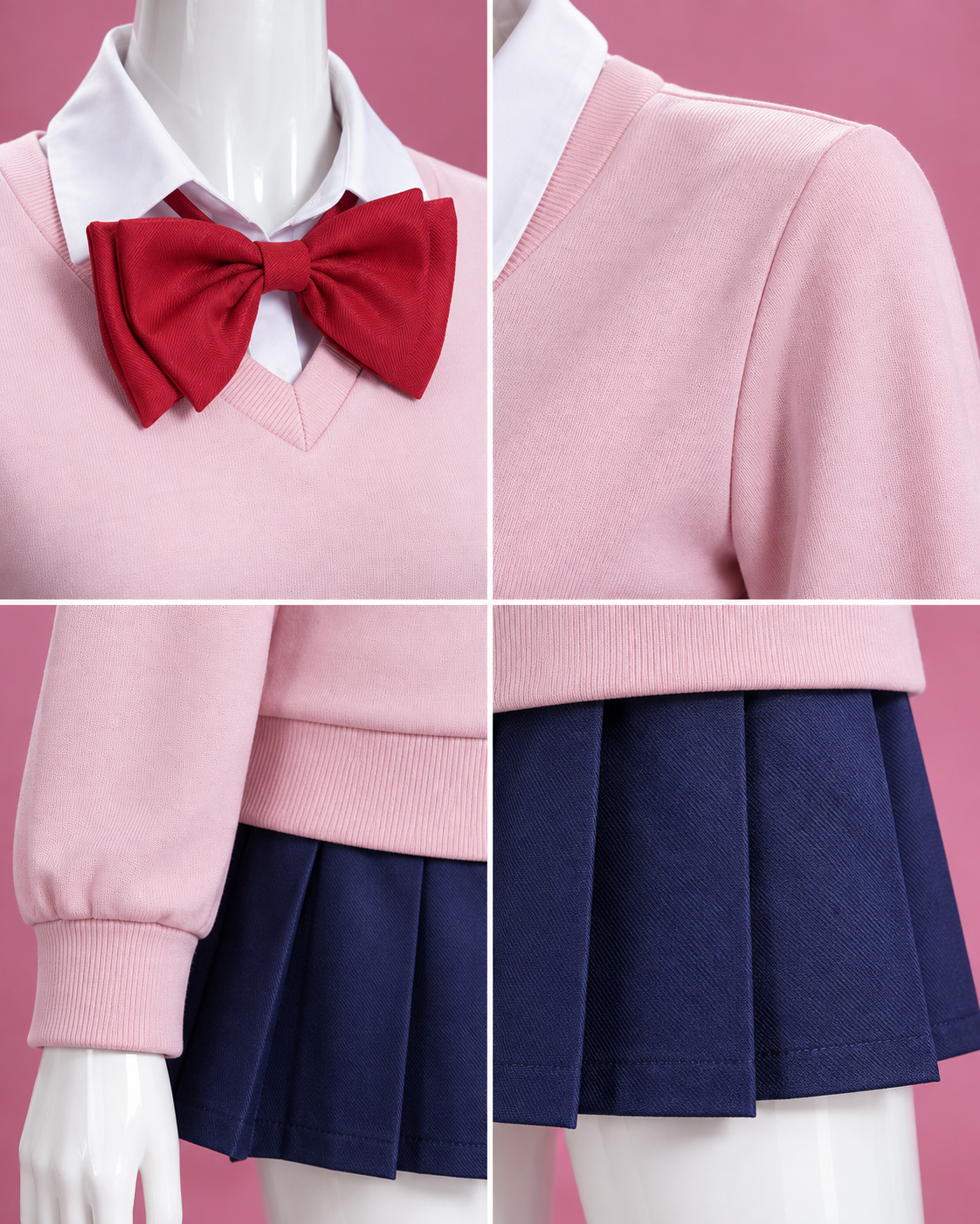 Close-up details of the Momo Ayase costume showing red bow, pink jumper and pleated skirt