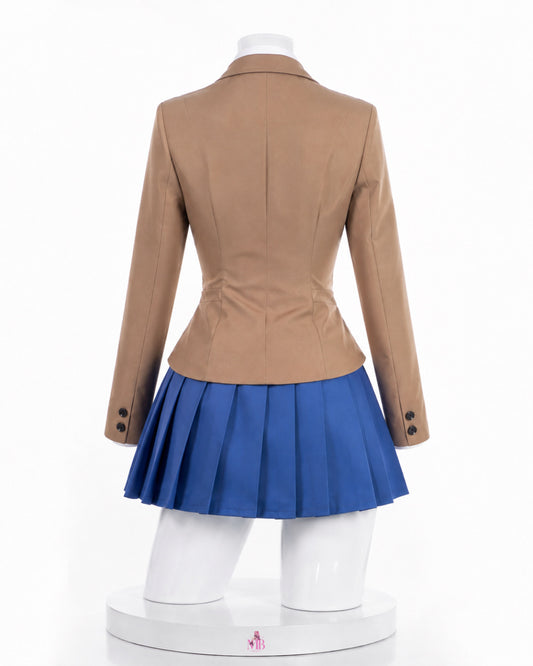 Monika DDLC cosplay costume back view showing the fitted brown school uniform jacket and blue pleated skirt