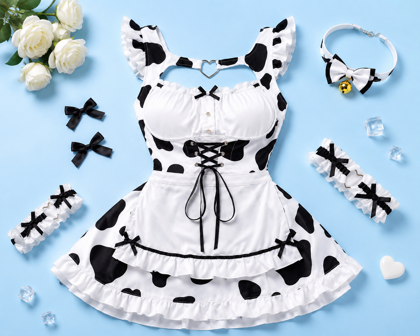 Flat lay product display of the black MooBelle Sweetheart Kawaii Cow Print Lolita Dress with matching bell choker and accessories on a soft blue background.