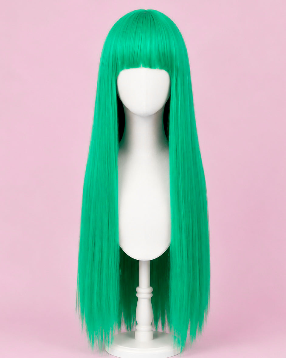 Morrigan Aensland teal cosplay wig with long straight hair and blunt fringe inspired by Darkstalkers