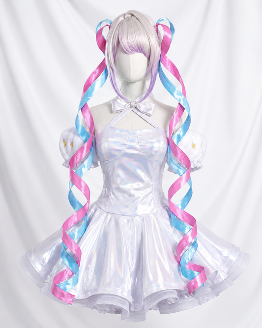 Needy Streamer Overload Ame-chan cosplay costume and wig front view with iridescent white dress and pink blue ribbon details