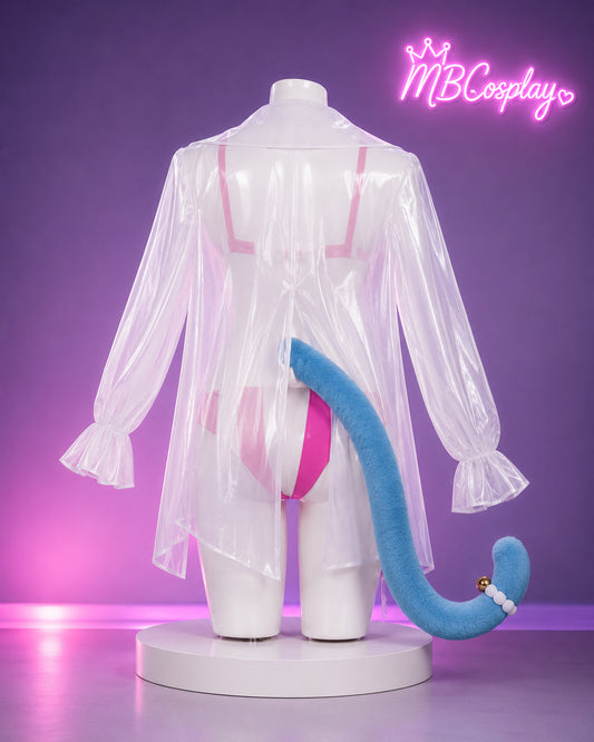 A white mannequin torso wearing a sheer white long-sleeve robe with pink trim, displayed against a purple studio background with a pink neon 'MBCosplay' sign. A blue plush tail accessory is draped over the mannequin's back.