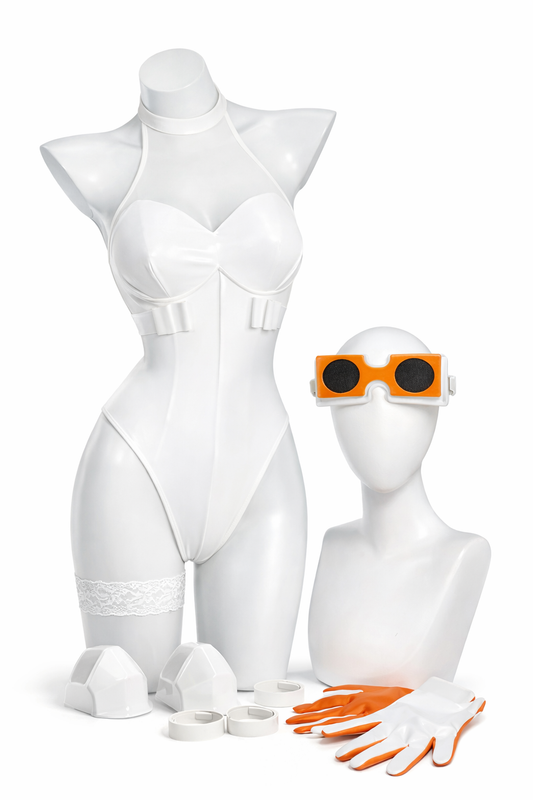Full Gunsmith Bitch cosplay set from New Panty and Stocking featuring a white glossy bodysuit, orange and white goggles, and lace thigh garter