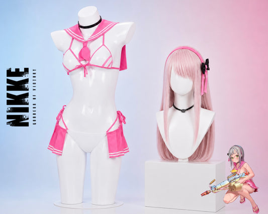 Goddess of Victory NIKKE Pepper and Neon summer swimsuit cosplay costumes with matching wigs and accessories displayed on mannequins.