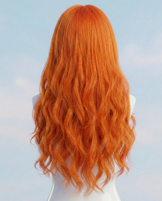 Orange wig on a mannequin against a light blue background