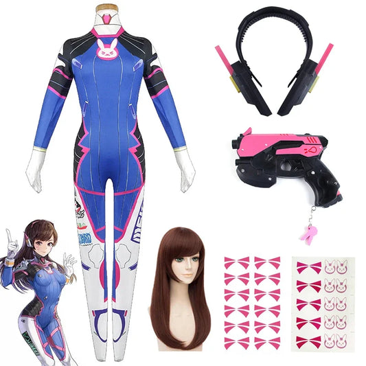 Complete D.Va cosplay kit featuring blue pilot bodysuit, wig, headset, and prop blaster.
