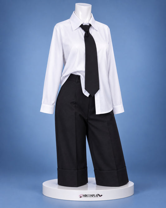 Power cosplay uniform from Chainsaw Man showing the white shirt, black tie and wide-leg trousers