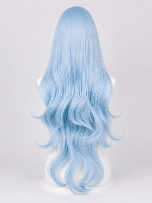 Back view of the Rei Ayanami cosplay wig from Neon Genesis Evangelion showcasing long pastel blue synthetic fibres with soft flowing waves displayed on the MBCosplay signature white mannequin bust in professional studio lighting.