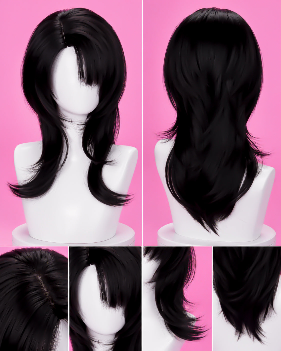 Sam Manson black cosplay wig shown from the front and back with side fringe, layered lengths and flicked ends