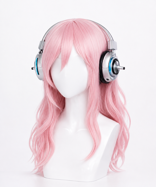 Super Sonico pink wig with headphones for Super Sonico "Space Police" Cosplay Costume & Wig