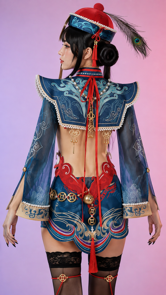 Tessa Cute Zombie NARAKA BLADEPOINT cosplay costume back view showing outfit and character accessories