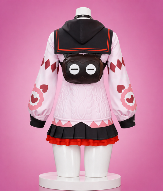 Rear view of the Ukinami Yuzuha cosplay costume from Zenless Zone Zero showing the oversized sailor hood, character backpack, layered skirt and authentic game-accurate detailing.