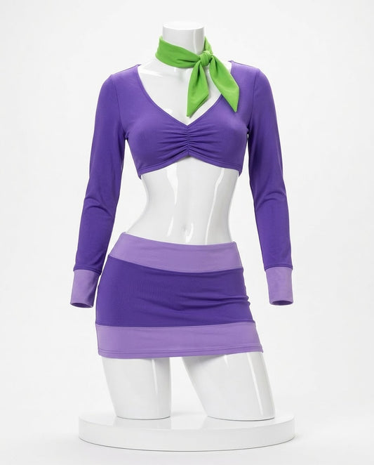 Orange Crop Top & Red Skirt purple crop top and skirt costume front view for Velma and Daphne Cosplay Costume – Orange Crop Top & Red Skirt