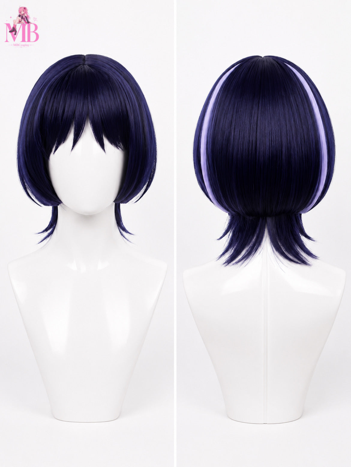 Wanderer Scaramouche Genshin Impact cosplay wig front view featuring a dark navy blue short bob with layered bangs and premium synthetic fibres displayed on a glossy white mannequin in a professional studio by MBCosplay.