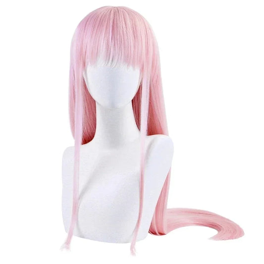 Mannequin head wearing a very long, straight pastel pink cosplay wig with full bangs, specifically styled for the anime character Zero Two (02) from Darling in the FranXX.