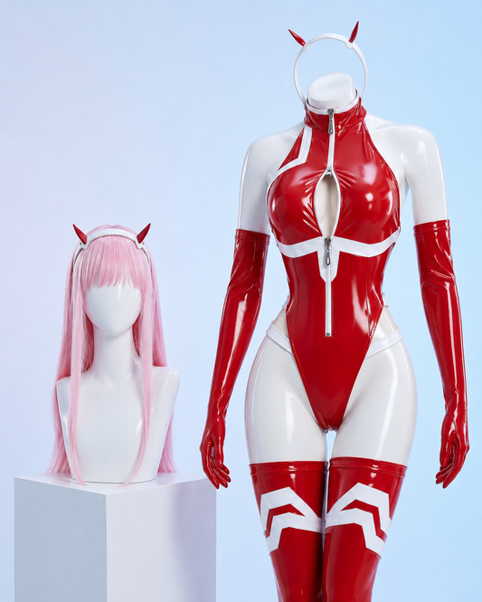 Red and white costume with pink wig on a mannequin against a light blue background