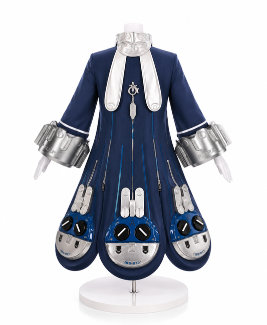 A blue and silver sci-fi costume dress displayed on a white mannequin stand against a plain white background.