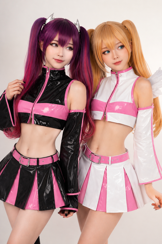 Lilysa and Mikari cosplay from 2.5 Dimensional Seduction wearing black, pink and white cosplay costumes with matching wigs in a studio photoshoot.