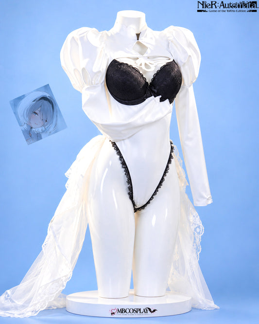 Front view of 2B's Azur Lane and NieR Automata Rest Time costume with white bodysuit, black lace bust and overskirt