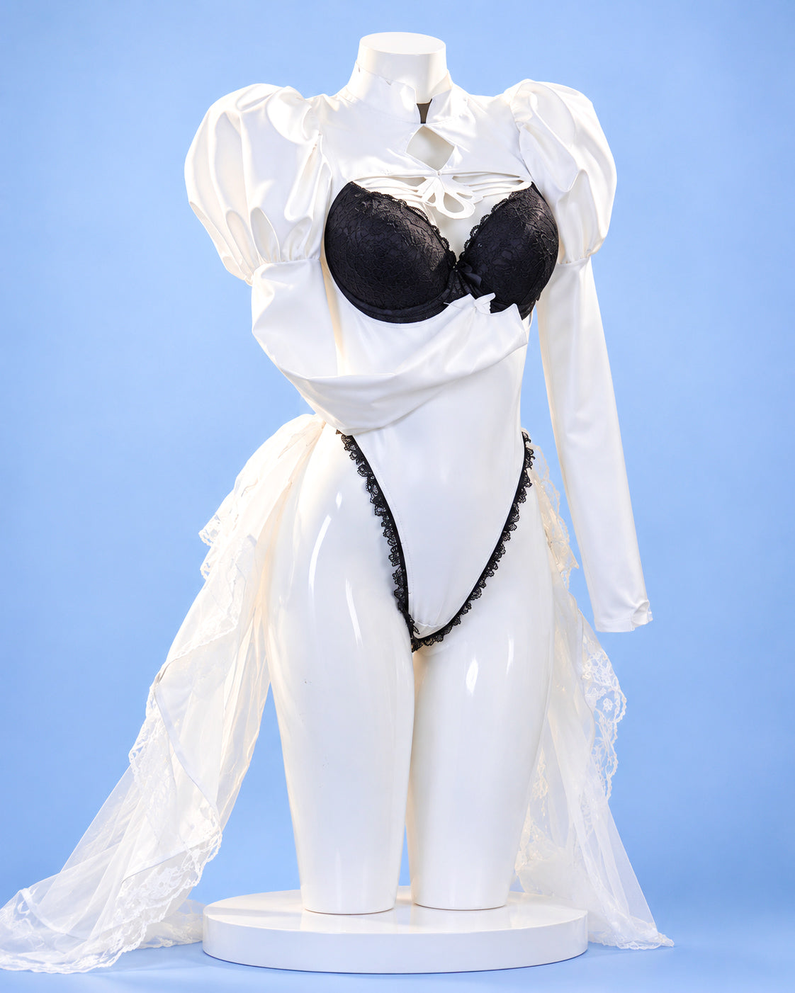 2B Azur Lane crossover cosplay outfit displayed from the front with monochrome lace and bow details