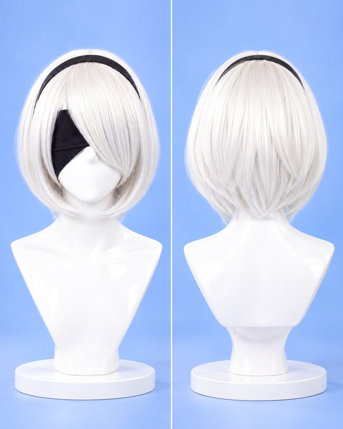 Front and back views of the short silver 2B cosplay wig with black eye mask and headband
