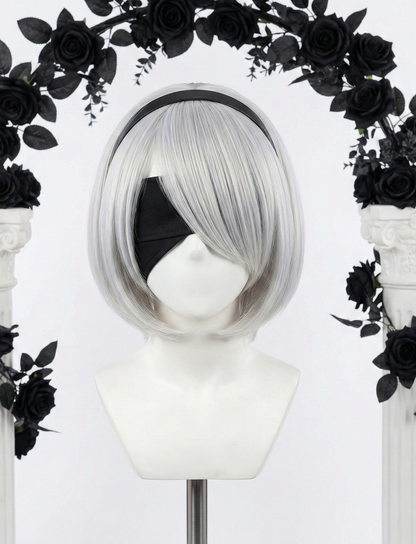 Professional silver-white bob wig for 2B cosplay with black headband